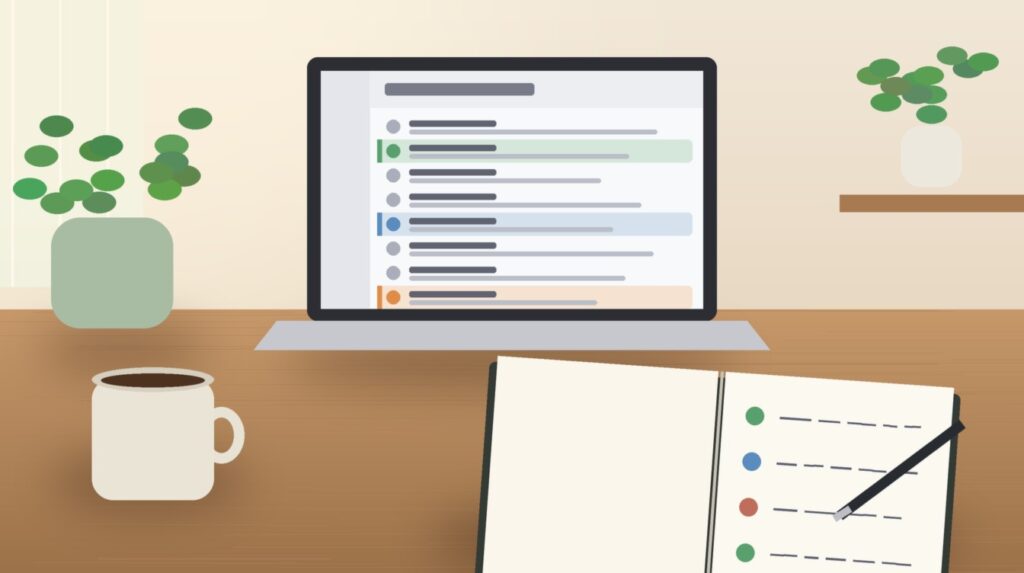 Wooden desk with a coffee cup, an open notebook, and a laptop showing a long email thread with three messages highlighted in green, blue and orange