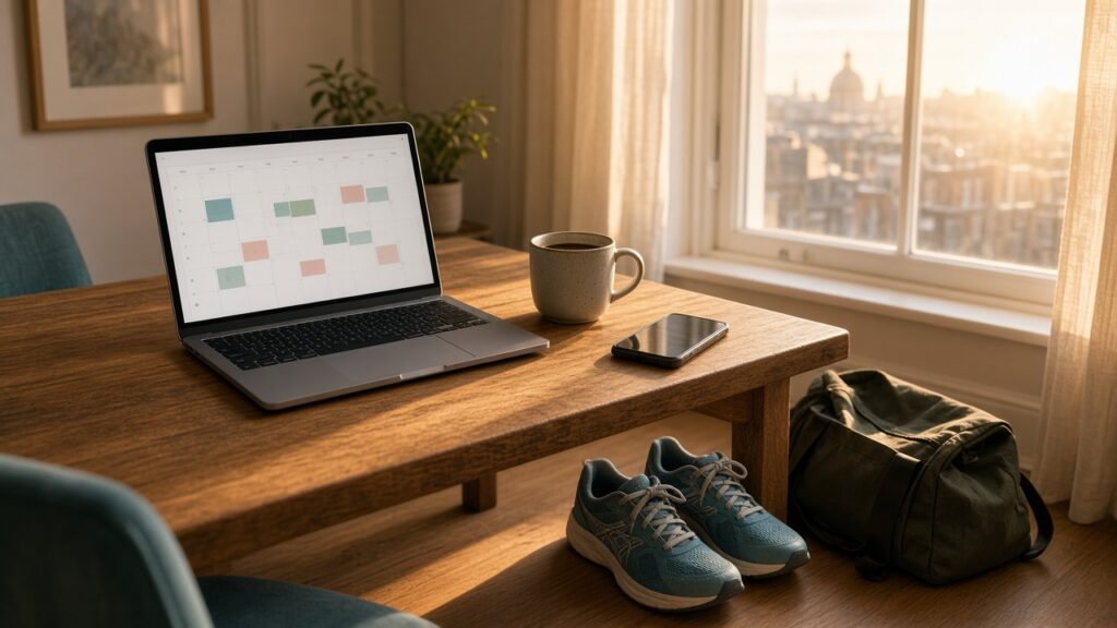 Weekly calendar with exercise sessions blocked into free windows