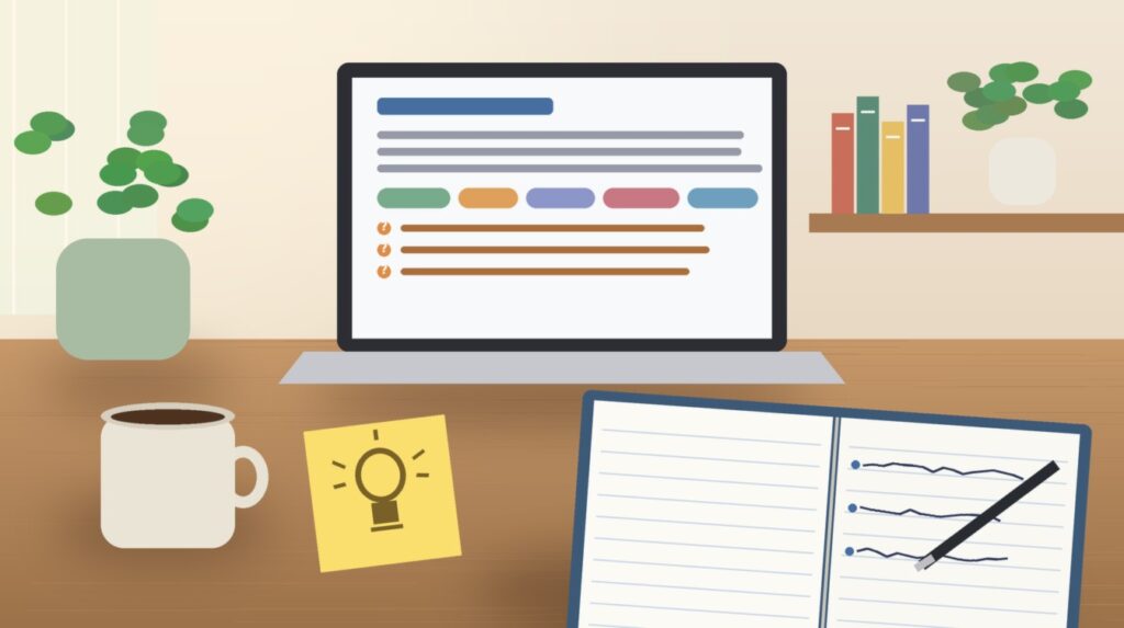 Wooden desk with a coffee cup, a yellow sticky note with a lightbulb, a laptop showing a short primer with five key terms and three questions, and an open notebook with three handwritten lines