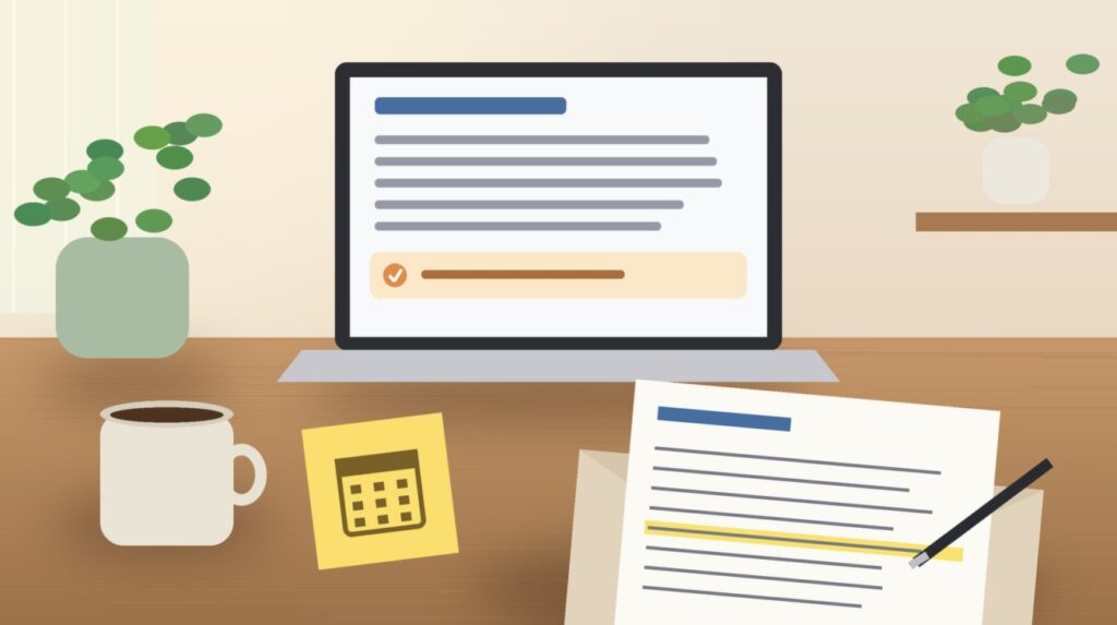 Wooden desk with a coffee cup, a yellow sticky note with a calendar, a laptop showing a short plain English summary with one action, and an opened letter with one line highlighted