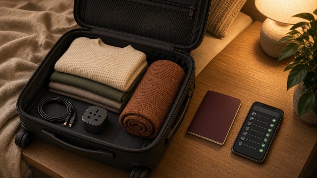 Open carry-on suitcase with folded clothes, a charger, travel adaptor, passport and a phone showing a ticked packing checklist