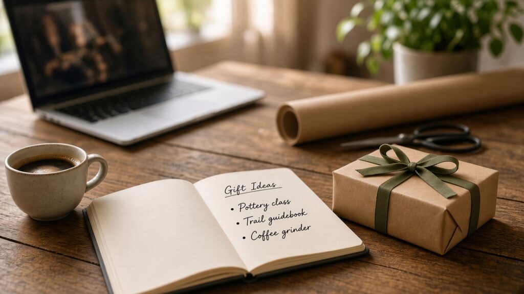 Notebook with a handwritten gift ideas list next to a wrapped present and coffee