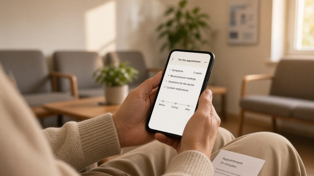 Hands holding a phone with a short appointment note in a calm GP surgery waiting room