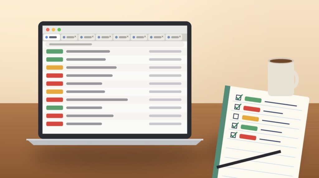 Laptop browser window crowded with open tabs next to a notebook checklist labelled keep and close on a wooden desk in warm morning light