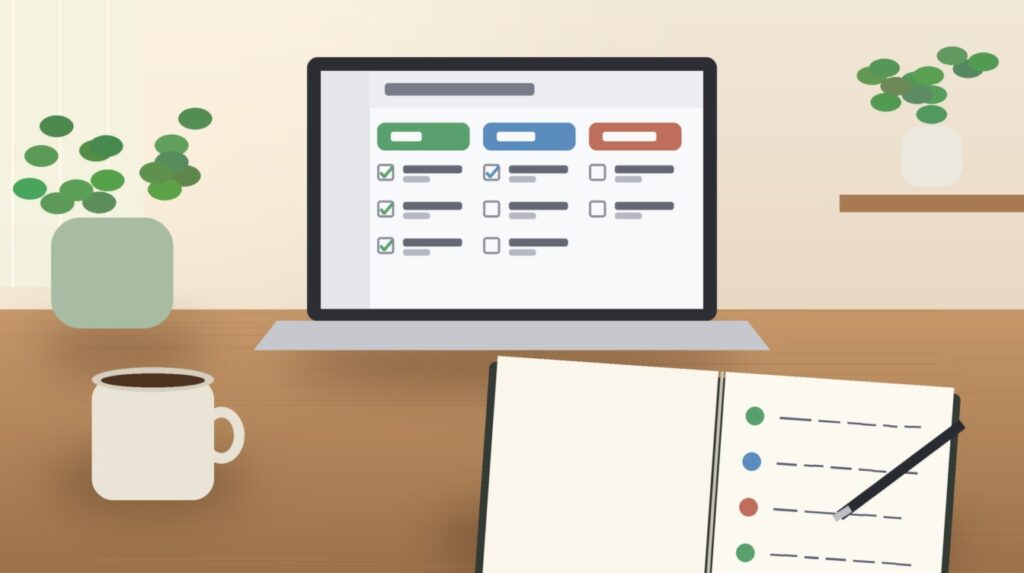 Wooden desk with a coffee cup, an open notebook, and a laptop showing a simple weekly status list with Done, Doing and Blocked columns